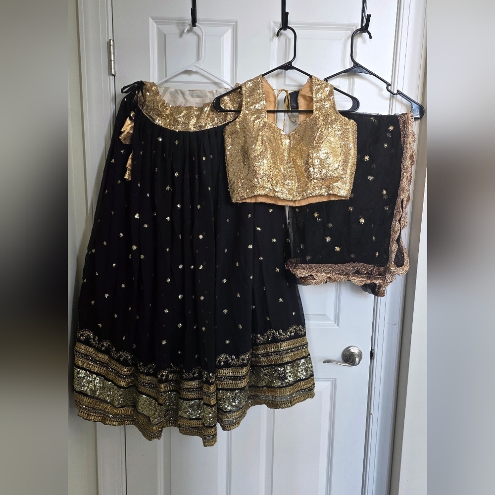 Black Golden Sharmily Lehenga Choli Set with Sequin Blouse - Picture 4 of 14